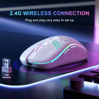 Ergonomic 2.4G Wireless Gaming Mouse - RGB Backlit, 6 Buttons, 3-Speed DPI, Type C Rechargeable Honeycomb Design
