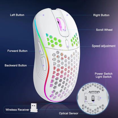 Ergonomic 2.4G Wireless Gaming Mouse - RGB Backlit, 6 Buttons, 3-Speed DPI, Type C Rechargeable Honeycomb Design
