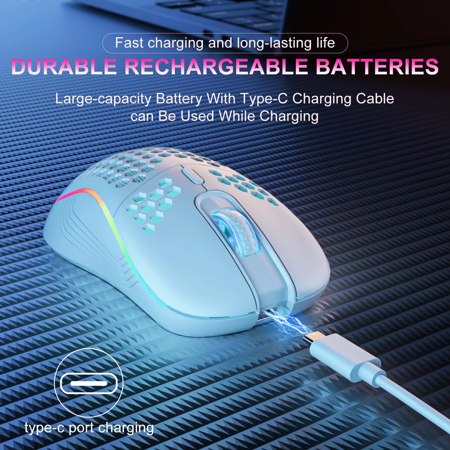 Ergonomic 2.4G Wireless Gaming Mouse - RGB Backlit, 6 Buttons, 3-Speed DPI, Type C Rechargeable Honeycomb Design