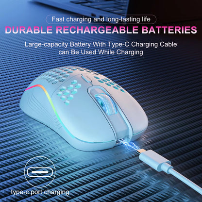 Ergonomic 2.4G Wireless Gaming Mouse - RGB Backlit, 6 Buttons, 3-Speed DPI, Type C Rechargeable Honeycomb Design